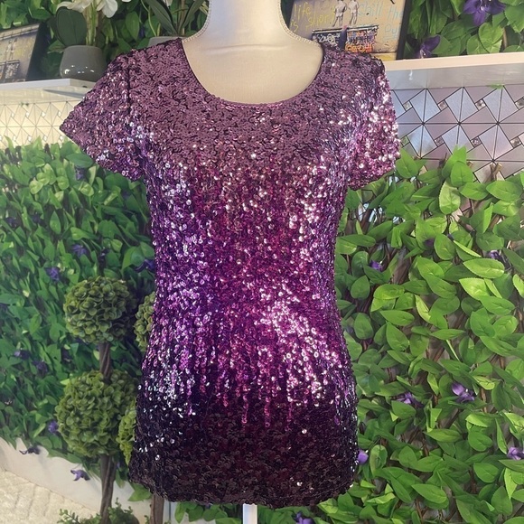 NWT Glitter Sequin Ombré Purple Short Sleeve Blouse Small Sparkle Party Top - Picture 5 of 15